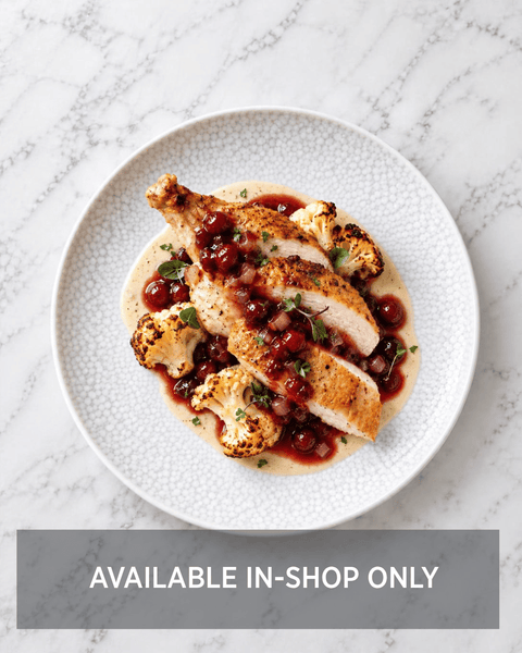 Grilled Chicken Supreme with Cranberry Shallot Jus, Wild Rice & Caramelized Onion Pilaf and Roasted Cauliflower