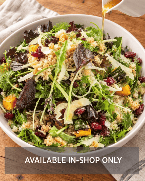 Heritage Greens & Quinoa Salad with Shaved Fennel, Dried Cranberries, Roasted Delicata Squash, Smoked Cheddar and Maple Cider Vinaigrette (V, GF)