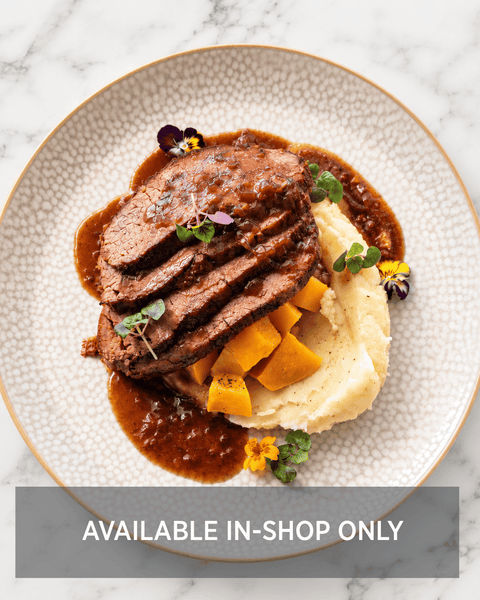 Braised Eye of Round with Three Peppercorn Sauce, Roasted Garlic Yukon Gold Mash and Roasted Butternut Squash