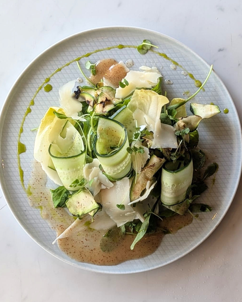 Arugula and Endive Salad with Cucumber, Grilled Zucchini Ribbons, Manchego Cheese and Sherry Vinaigrette