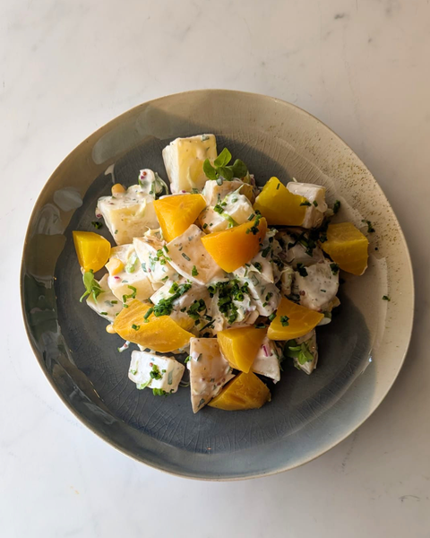 Autumn Harvest Potato Salad with Yukon Gold Potatoes, Sweet Corn, Shaved Brussels Sprouts, Roasted Golden Beets