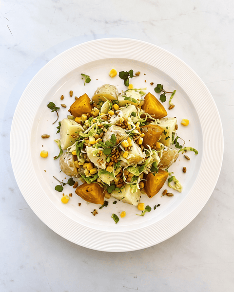 Autumn Harvest Potato Salad with Yukon Gold Potatoes, Sweet Corn, Shaved Brussels Sprouts, Roasted Golden Beets
