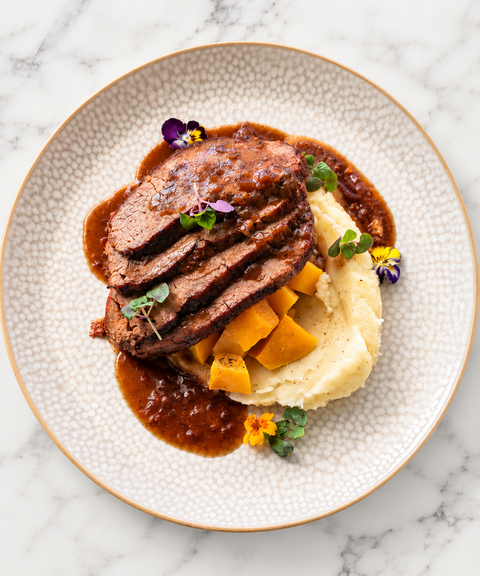 Braised Eye of Round with Three Peppercorn Sauce, Roasted Garlic Yukon Gold Mash and Roasted Butternut Squash