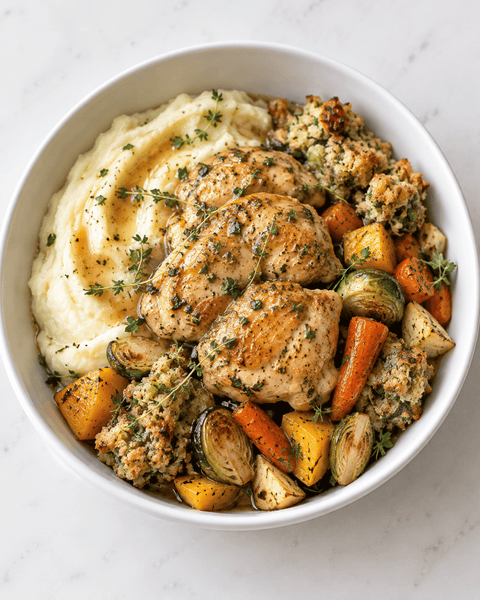 Fall Chicken Stew with Butter Mash, Late-fall Vegetables, and Herb Stuffing