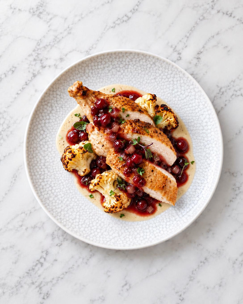 Grilled Chicken Supreme with Cranberry Shallot Jus, Wild Rice & Caramelized Onion Pilaf and Roasted Cauliflower