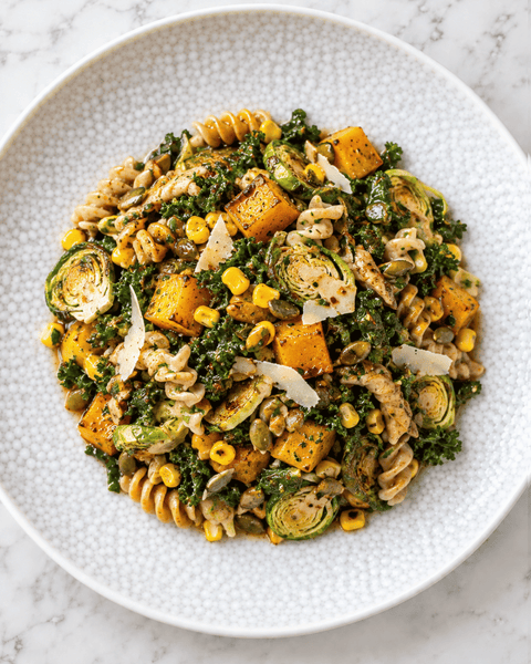 Late Fall Pasta Salad with Shaved Brussel Sprouts, Kale, Squash + Sweet Corn and Maple Balsamic Vinaigrette
