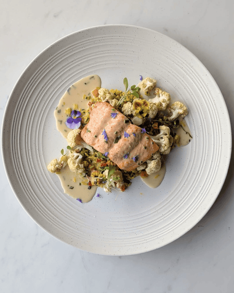 Roasted Atlantic Salmon with Chive and Tarragon Velouté, Roasted Cauliflower, Garden Vegetable Rice Pilaf (GF)