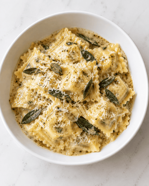 Spinach and Cheese Agnolotti with Brown Butter & Sage Cream Sauce, Herb Pangrattato, Parmesan & Roasted Squash