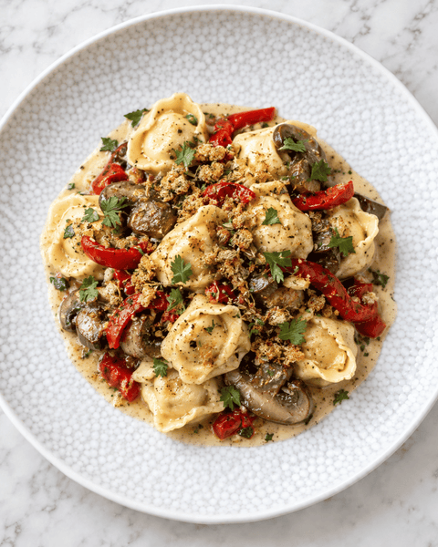 Three Cheese Tortellini with Roasted Garlic Mushroom Sauce,Fennel Pangrattato, Roasted Red Peppers and Parsley