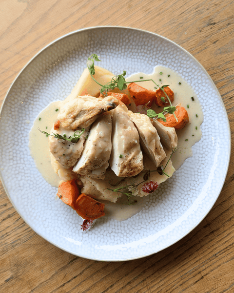 Seared Chicken Supreme with Brown Butter Mash, Chive and Roasted Garlic Velouté, Maple and Thyme Glazed Carrots