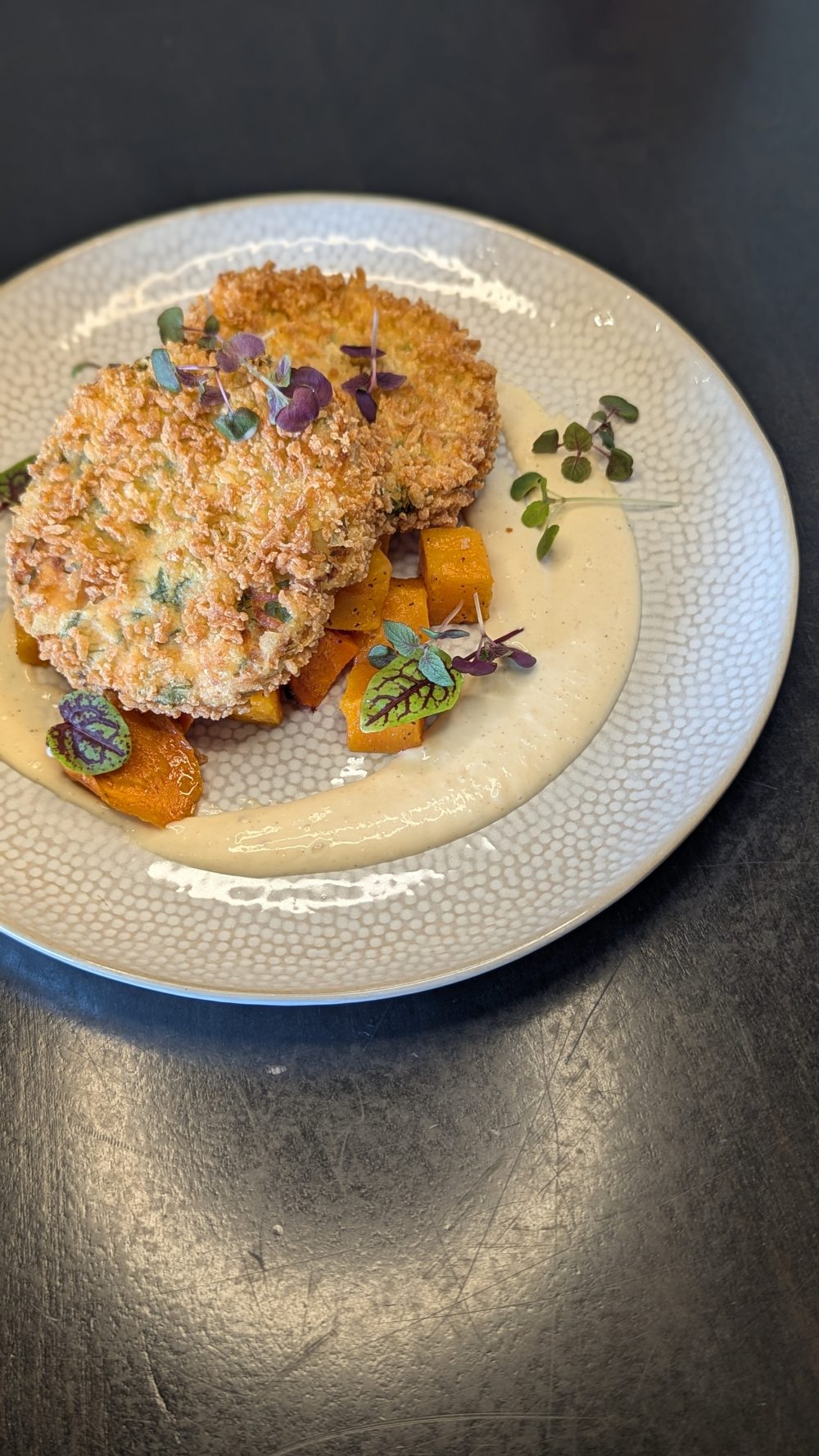 Salmon Cakes (DF) Roasted Garlic & Lemon Aioli, Marinated Roasted Squash & Carrots