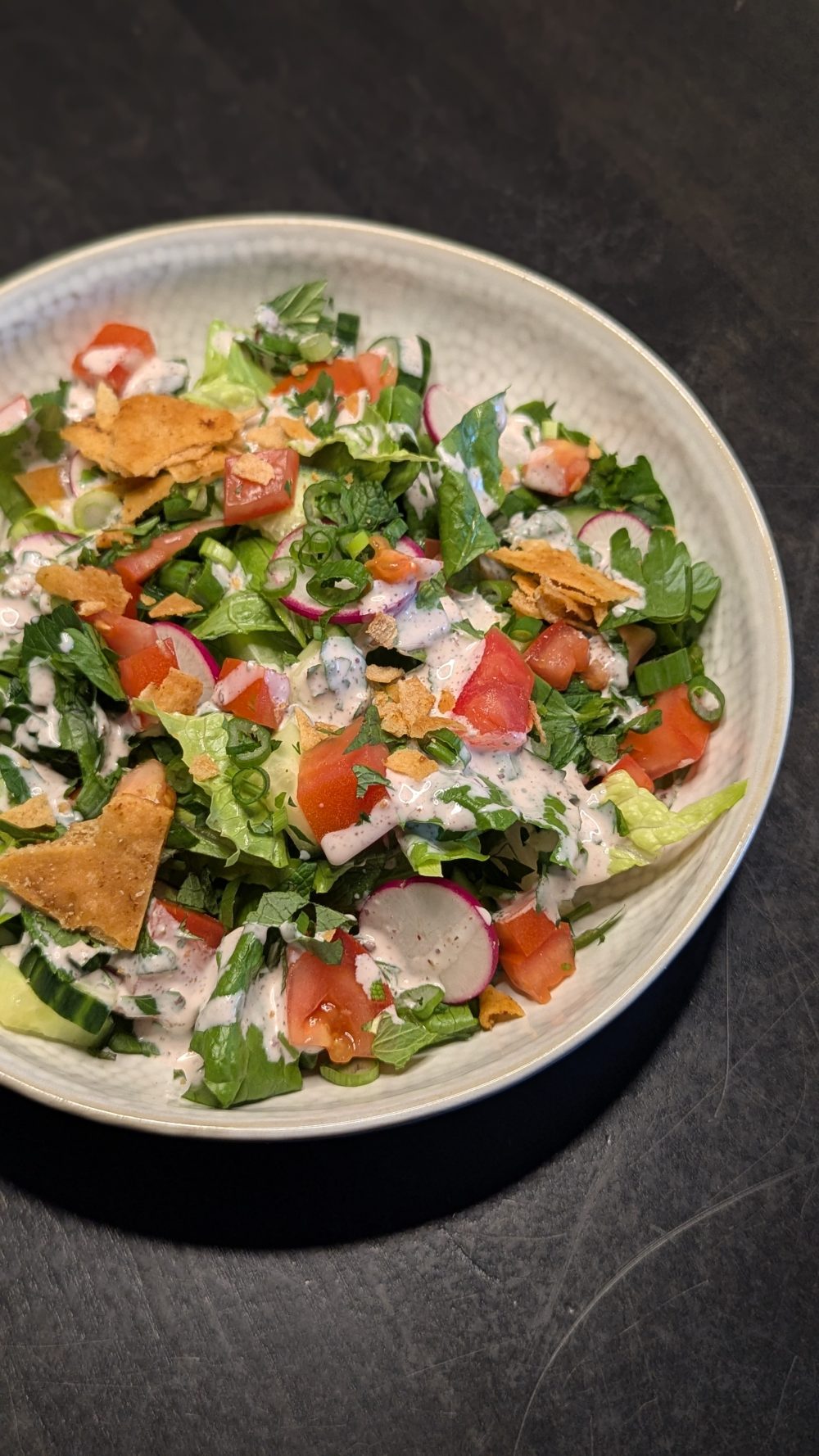 Fattoush Salad (V) Cucumber & Tomato, Baked Pita Crumble, Fresh Herbs & Romaine Lettuce 