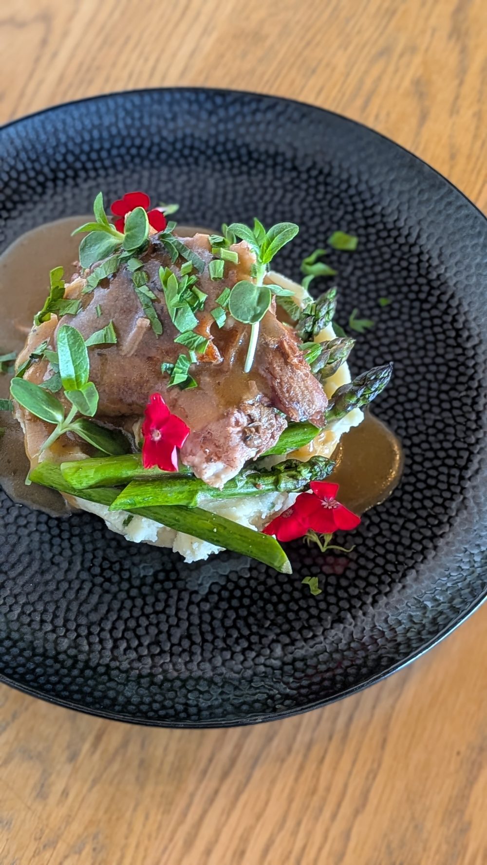 Braised Lamb Shoulder with Chive Mash Potato, Grilled Asparagus & Herb Gravy (GF)