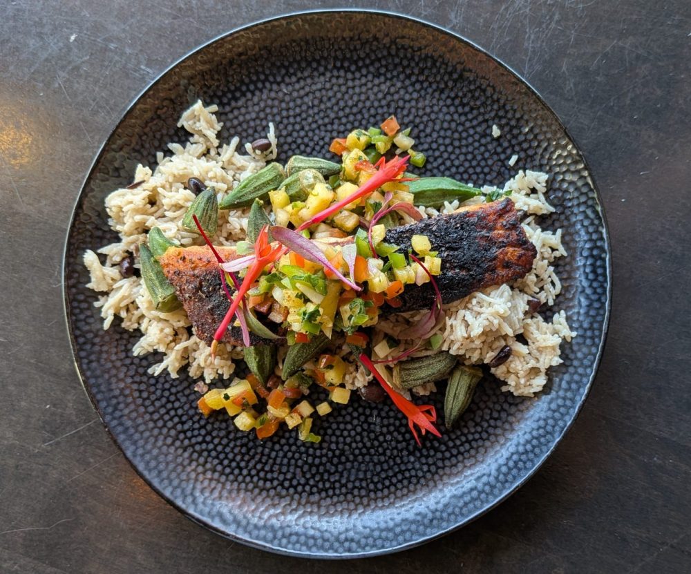 Blackened Salmon (GF, DF) Pineapple Salsa | Rice + Black Bean Pilaf | Baby Okra 