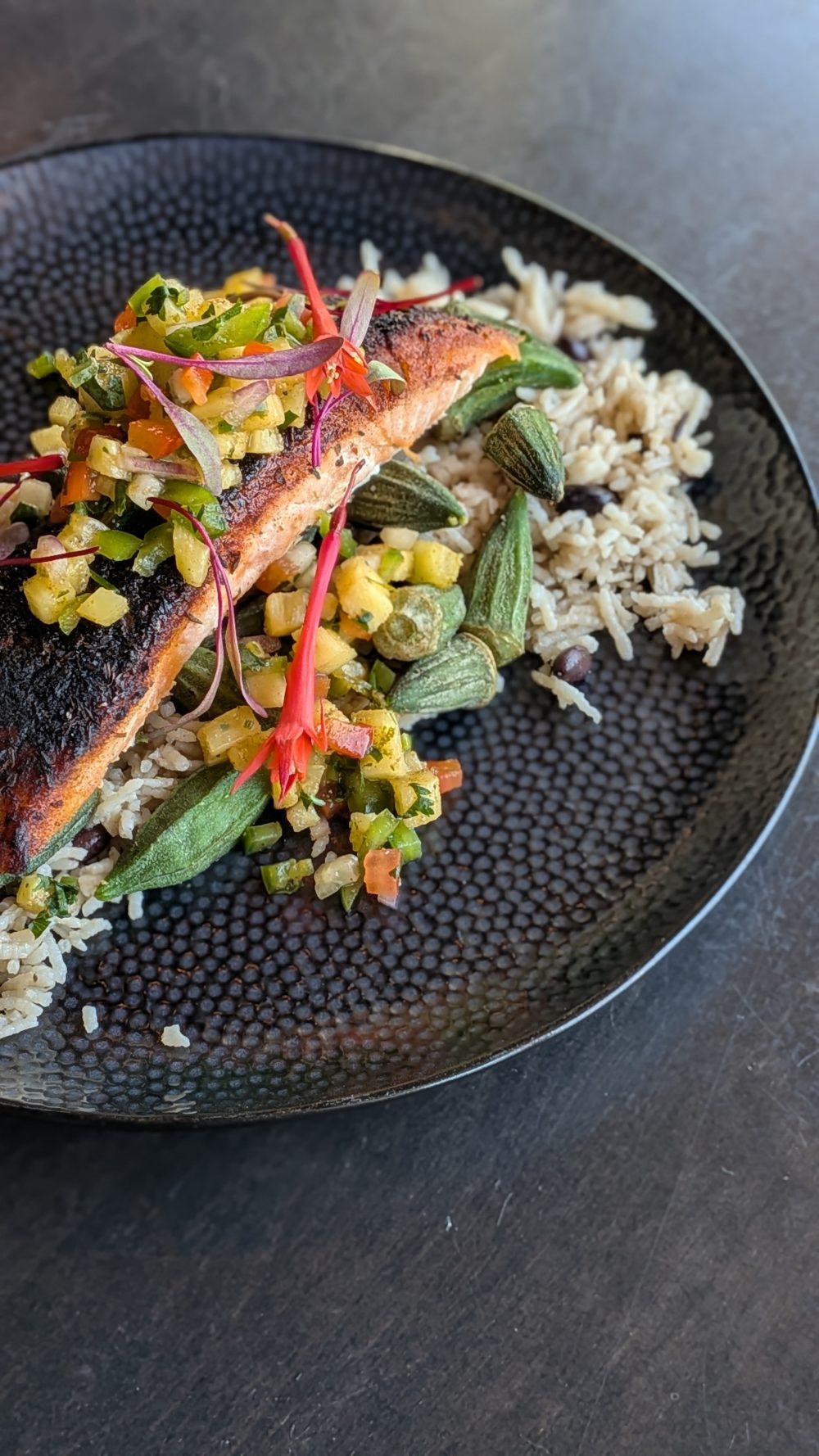 Blackened Salmon (GF, DF) Pineapple Salsa | Rice + Black Bean Pilaf | Baby Okra  - Image 2
