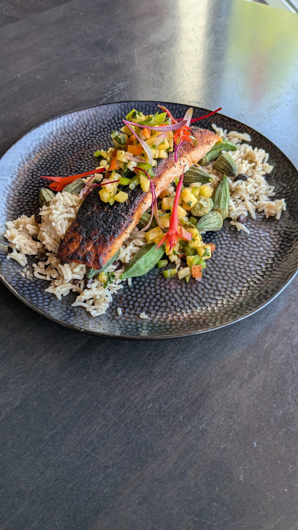 Blackened Salmon (GF, DF) Pineapple Salsa | Rice + Black Bean Pilaf | Baby Okra 