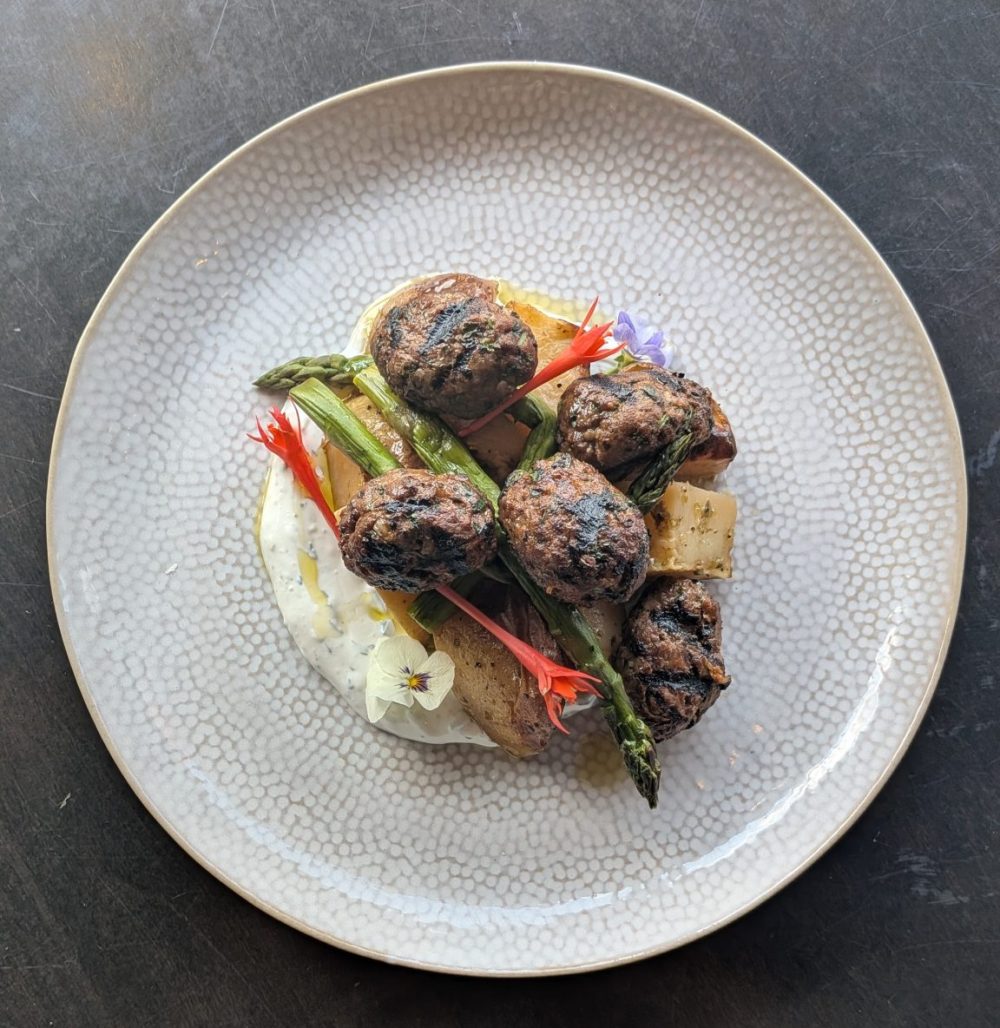 Grilled Middle Eastern Meatballs (GF) with Greek Lemon Potatoes, Grilled Asparagus & Tzatziki 