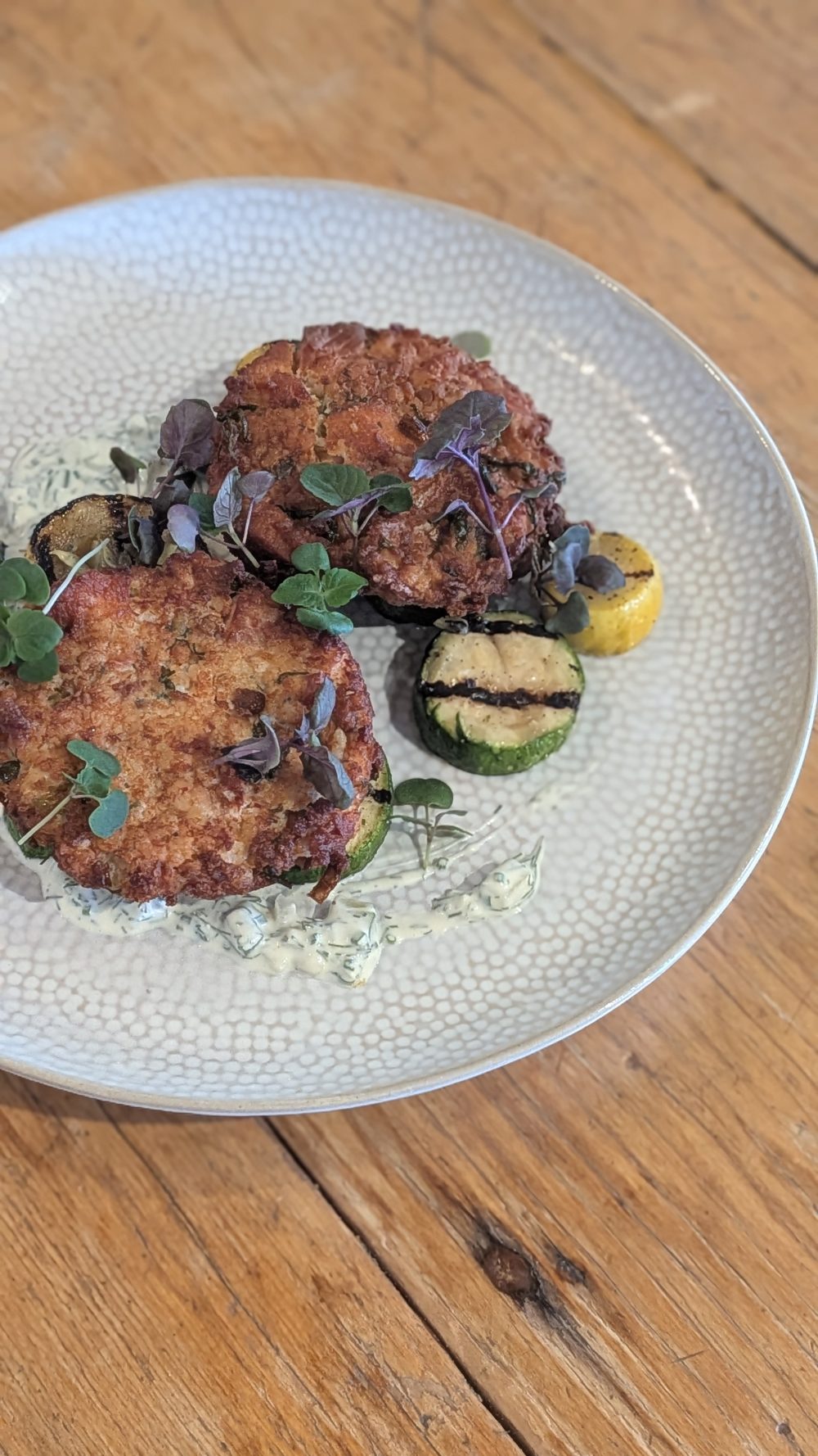 Smoked Salmon Cakes with Grilled Green + Yellow Zucchini I Cucumber Dill Sauce
