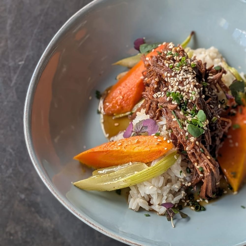 Kaffir Lime Braised Angus Beef Top Round with Chili Maple Miso Glaze, Coconut Rice, Roasted Carrots and Celery with Chive + Toasted Sesame (GF)